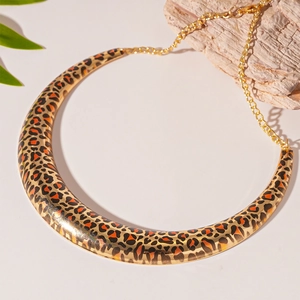 U-shaped leopard print statement collar necklace with a gold-tone metallic finish