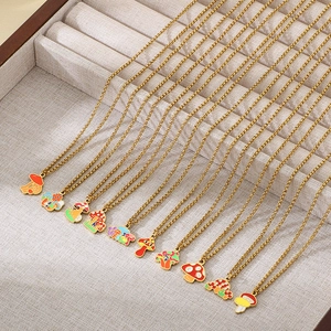 Colorful enamel mushroom pendants on golden stainless steel necklaces collection
