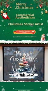 Detail of artistic Merry Christmas window sticker with tree and reindeer sledge silhouettes