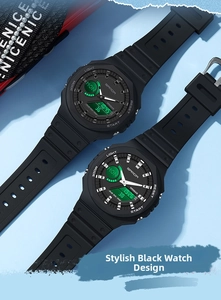Dual-display digital sport watch with octagonal case and matte black rubber strap