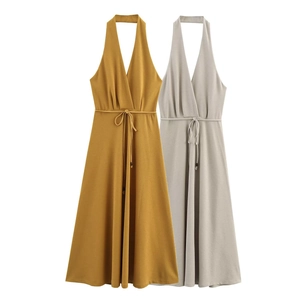 Vestito Lungo Halter Donna Poliestere Scollo A V Profondo Schiena Scoperta Coulisse In Vita Tinta Unita Elegante Estivo
