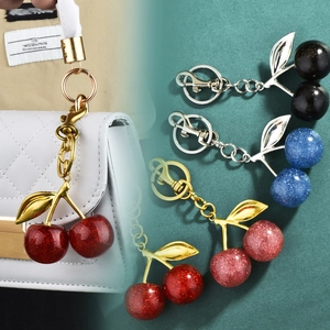 Decorative Cherry Keychain Fashion Glitter Resin Cherry Fruit Pendant Alloy Metal Leaf Bag Charm Accessory For Women