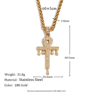 18K gold plated stainless steel Ankh cross pendant with white zircon on a braided chain