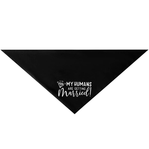 Detail of black wedding dog bandana with My Humans Are Getting Married text and ring icon