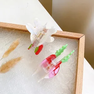 Cute strawberry acetate hair claw clips with pearl finish and rabbit ear design