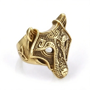 Vintage gold wolf head ring with ancient Greek mythology and Viking relief pattern