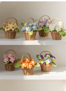 Detail of colorful hand-crocheted puff flowers in miniature brown wicker baskets