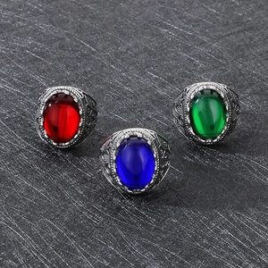 Vintage stainless steel ring for men with luxury engraved patterns and oval gemstones