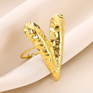 18K gold plated stainless steel V-shaped ring with hammered texture and twisted band