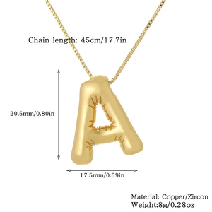 Detailed size specifications for gold initial A pendant necklace with copper and zircon