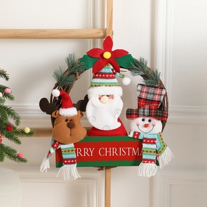 Christmas Wreath Decoration Santa Snowman Reindeer Rattan Hoop Door Hanging Wall Ornament Holiday Home Decor Cartoon Style