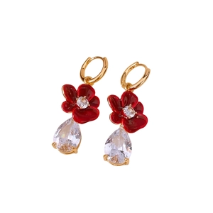 18k gold plated vintage earrings with red flower design and pear-cut zircon pendants