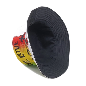Rainbow gradient bucket hat with ONE LOVE palm tree print for outdoor sun protection