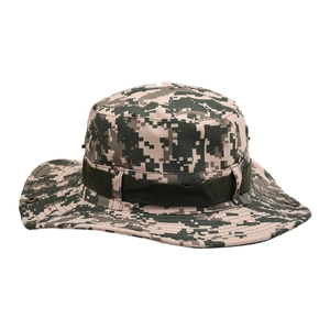 Macro detail of digital camouflage tactical boonie hat with sturdy fabric and vents