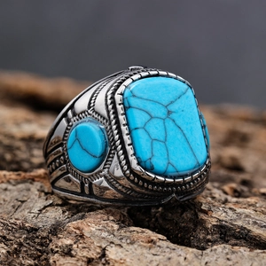 Vintage stainless steel ring for men with rectangular turquoise and ornate carvings