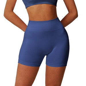 Short de yoga sans couture taille haute bleu foncé avec taille côtelée et coupe compression