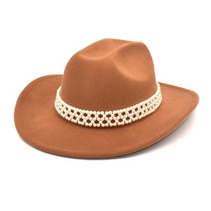 Brown wide-brim wool fedora cowboy hat with multi-row pearl beaded band decoration
