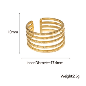 Detailed view of gold multi-layer 10mm wide wavy ring with size measurements