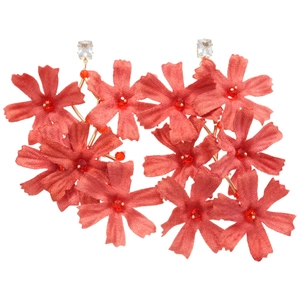 Floral crystal tassel earrings featuring layered coral fabric petals and golden studs