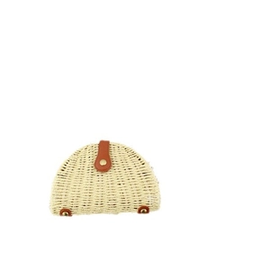 Mini semi-circle straw crossbody bag with brown leather strap and gold button closure