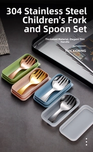 Close-up of 304 stainless steel kids spoon and fork set with colorful storage cases