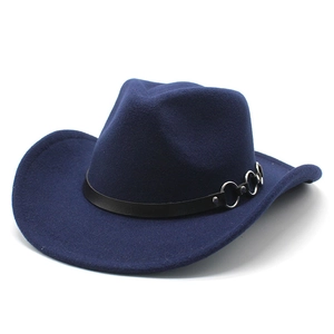 Classic navy blue wool fedora hat with black leather band and silver metal rings decoration