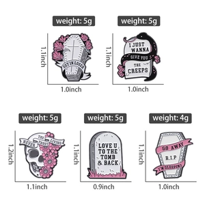 Gothic Halloween enamel pins detail showing size and weight for coffin and skull styles