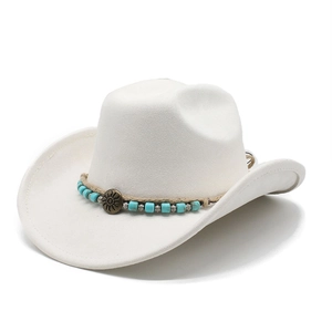 Close-up of white suede cowboy hat with turquoise beads and sun-engraved metal buckle