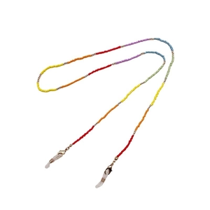 Rainbow colored seed bead chain with gold lobster clasps and silicone non-slip eyewear loops