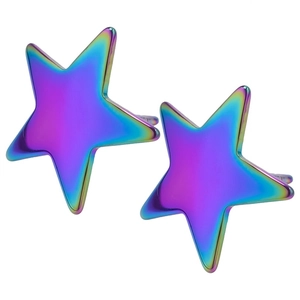Close-up of star-shaped stainless steel earrings with vibrant rainbow gradient finish