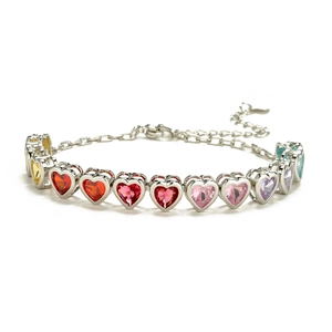 Colorful heart-shaped zircon bracelet with silver metal chain and adjustable lobster clasp