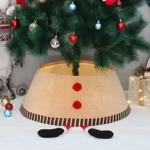 Festive beige plush Christmas tree skirt with elf legs and red green striped edges