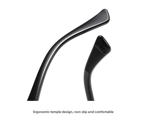 Detail of ergonomic curved black glasses temple with anti-slip and non-pinching texture