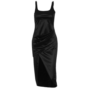 Elegant black satin slip dress with a square neckline and a stylish high side slit