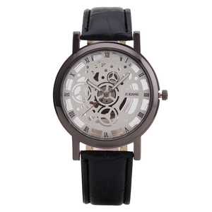 Hollow mechanical men's watch with black leather strap and gunmetal case on white background