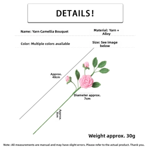 Detailed view of pink crochet camellia flower bouquet with 48cm length measurements