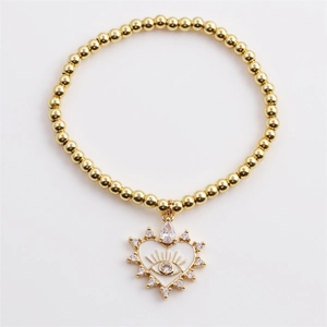 Gold-plated bead bracelet with heart enamel evil eye charm and clear zircon stones