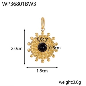 Detailed view of bohemian sunburst pendant with black stone and 2.0cm size specs