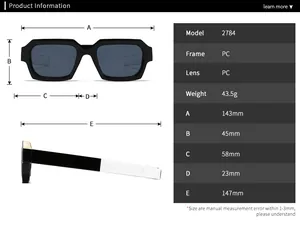 Detaillierte Größentabelle für schmale Sonnenbrillen mit Maßen und PC-Materialangaben