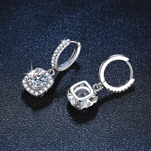 Classic S925 silver moissanite halo square dangle earrings with sparkling round cut stones