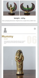 Detailed views of Egyptian Isis goddess statue and pharaoh mummy sarcophagus figurines