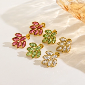 Leaf-shaped 18K gold stainless steel earrings with colorful zircon gemstones