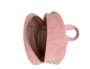 Internal view of pink corduroy backpack showing main compartment and fabric lining