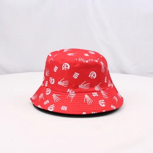 Double-sided outdoor sun bucket hat with red fabric and white skull skeletal hand print