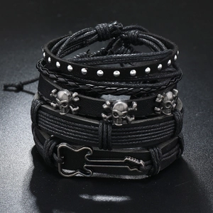 Men's Punk Retro Multi-Layer Leather Hemp Rope Bracelet Alloy Skull Guitar Pendant Hand-Woven Braided Rock Jewelry Gift