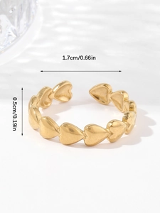 Polished gold adjustable ring featuring interconnected heart shapes with dimensions