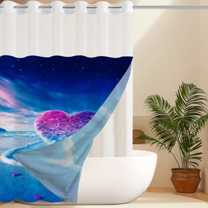 Detail of waffle weave shower curtain with crystal heart print and metal ring grommets
