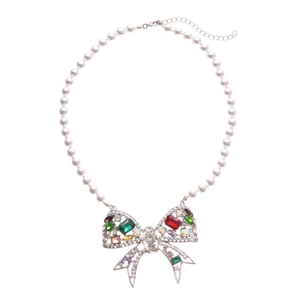 Elegant pearl necklace featuring a colorful crystal bow pendant on a silver-tone chain