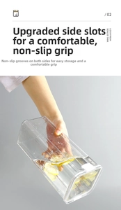 Close-up of clear plastic food storage container with side grooves and white sealing lid
