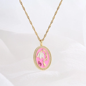Elegant gold-plated twist chain necklace with a pink enamel floral oval pendant and zircons